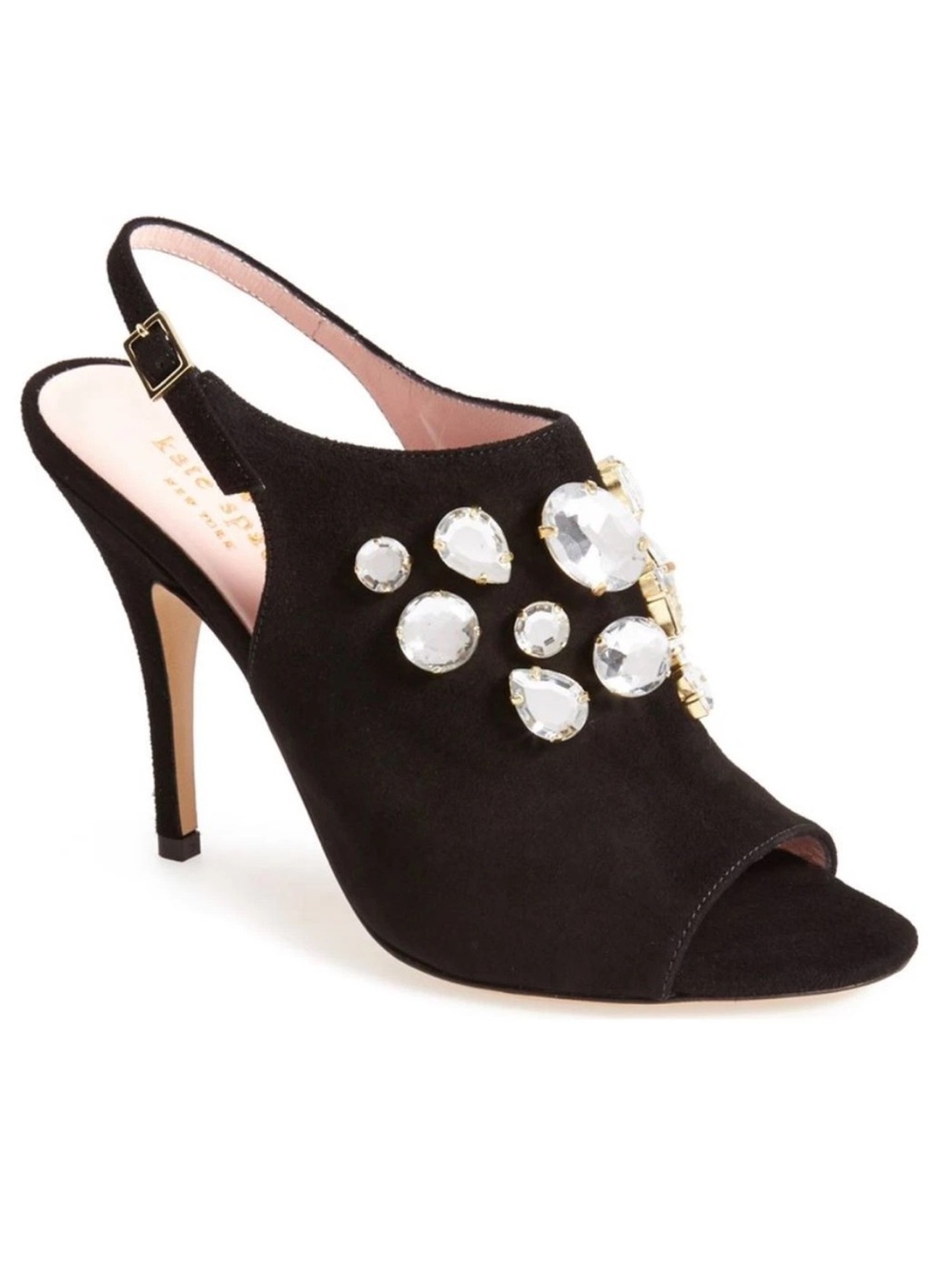 Kate Spade Size 9 Farrow Black Suede Slingback Peep toe Jeweled  dress Heels
